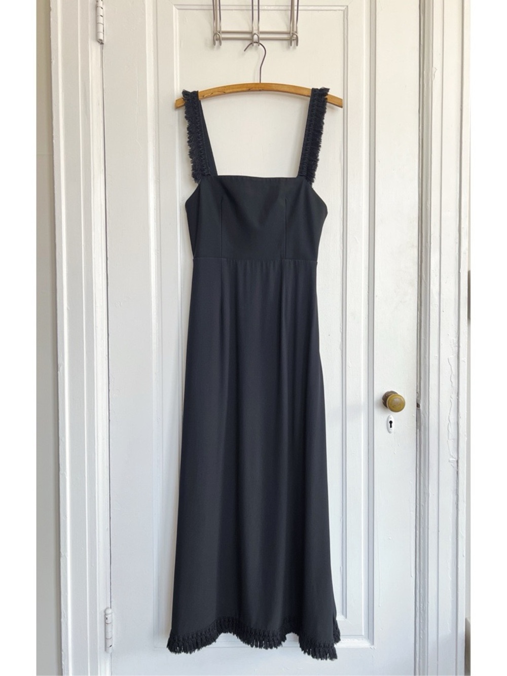 La Ligne • La Frange Dress black midi fringe strap cut out back minimalist - Picture 2 of 15